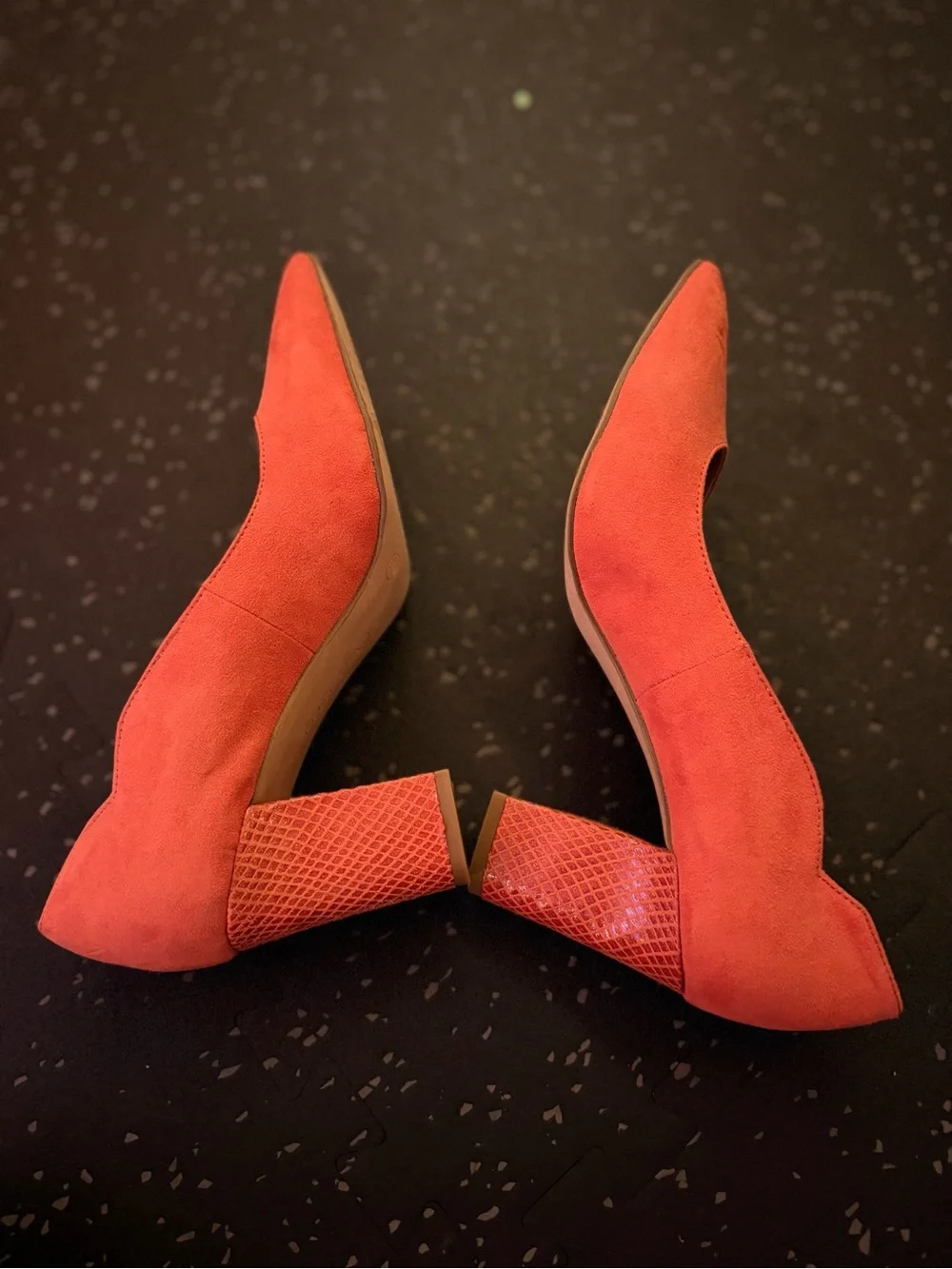 Kelly & Katie Bright Orange Suede Pointed-Toe Block Heels